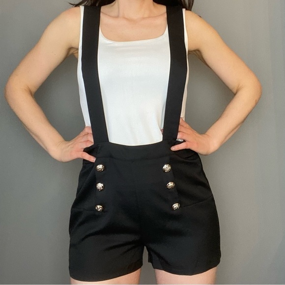 Black Short Overalls with Silver Buttons - Picture 1 of 8